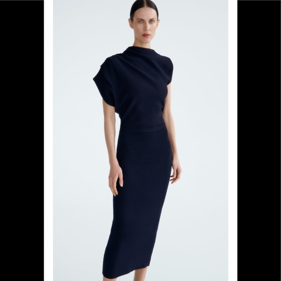 ZARA Asymmetric Sleeve Knit Dress Navy Blue - Picture 2 of 6
